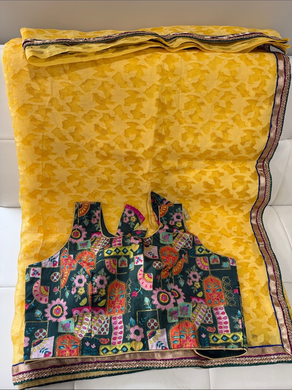 Yellow Lace Saree with Multicolor Floral Blouse